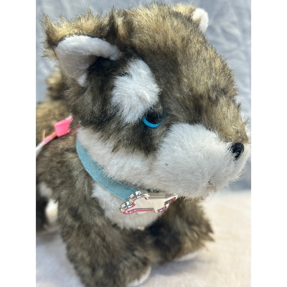 Battat Plush Puppy Dog Brown White Blue Eyes with Collar Harness and Leash 6in